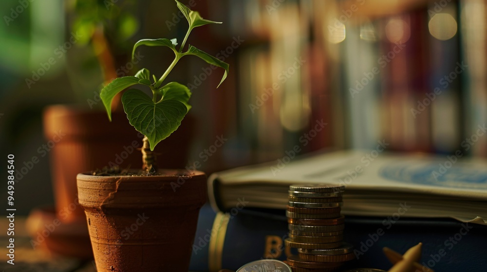 07231249 18. A stack of coins growing higher next to a small plant in a pot, with a background of educational materials like textbooks and a diploma, illustrating the concept of growing savings for a 07231249 18. A stack of coins growing higher next to a small plant in a pot, with a background of educational materials like textbooks and a diploma, illustrating the concept of growing savings for a