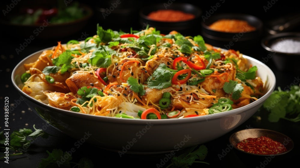 Butter chicken pasta served in a dish isolated on dark background side view food Butter chicken pasta served in a dish isolated on dark background side view food