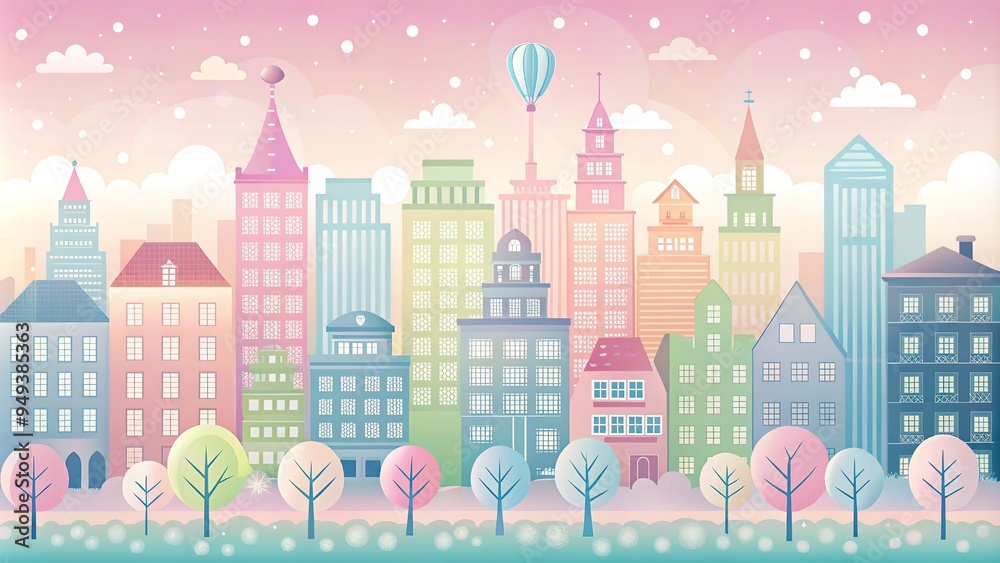 Whimsical cityscape silhouette with pastel colors Whimsical cityscape silhouette with pastel colors