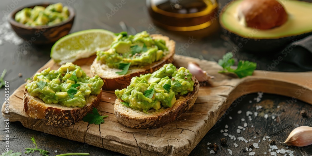 Guacamole Toasts Served on a Rustic Platter