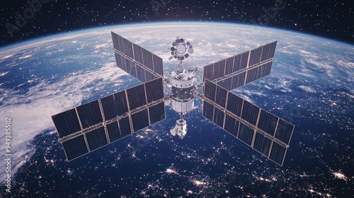 Fototapeta Naklejka Na Ścianę i Meble -  Space Station Orbiting Earth With Solar Panels