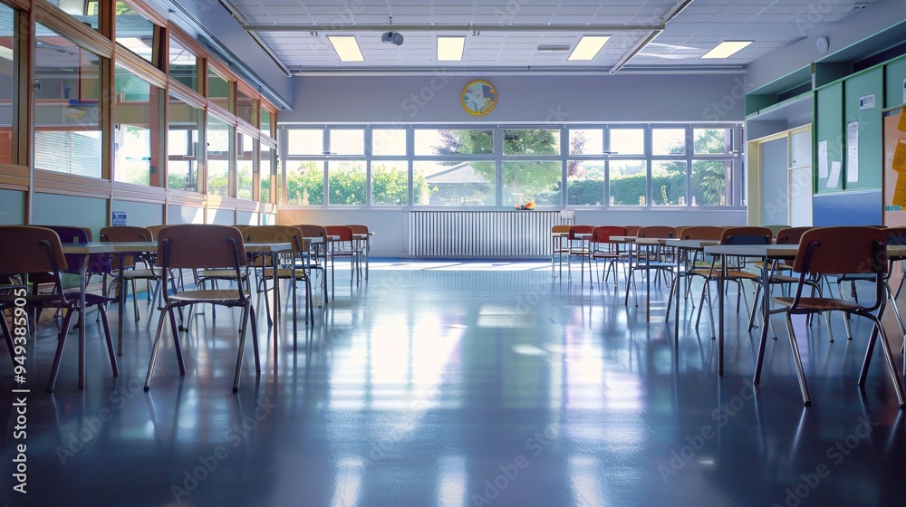 07231249 48. Back view of an empty primary school classroom, chairs stacked on desks, clean floors, and large windows letting in natural light, capturing the peacefulness before students arrive 07231249 48. Back view of an empty primary school classroom, chairs stacked on desks, clean floors, and large windows letting in natural light, capturing the peacefulness before students arrive