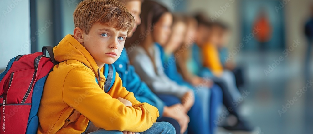 A lonely, dejected schoolboy sobbing while his peers ignore him. Problem of social exclusion