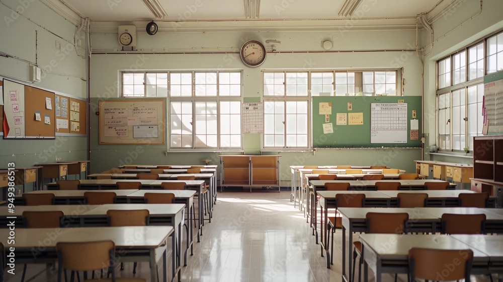 07231249 58. Classroom in an elementary school, devoid of students, with chairs under desks, educational posters on the walls, and a tidy, serene atmosphere during the term break or end of semester 07231249 58. Classroom in an elementary school, devoid of students, with chairs under desks, educational posters on the walls, and a tidy, serene atmosphere during the term break or end of semester