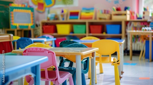 Wallpaper Mural 07231249 60. View of an empty kindergarten classroom with small chairs under desks, colorful learning aids around the room, and a calm, orderly setting during a term break or holiday period Torontodigital.ca