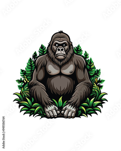 Illustration of an Eastern Lowland Gorilla sitting in lush green foliage.