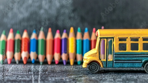 07231249 70. Classroom blackboard with a small school bus model and neatly arranged colored pencils, presenting a creative back to school theme photo