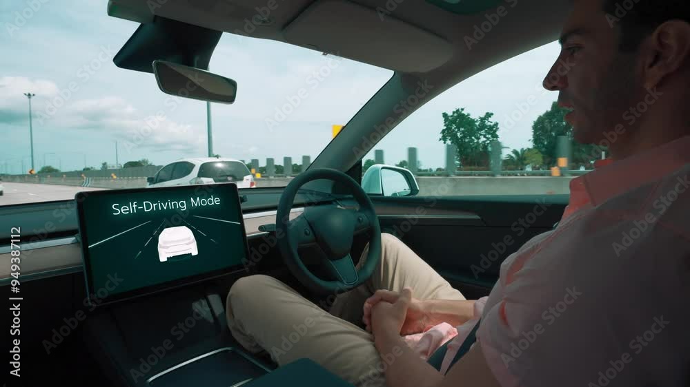 Self driving car or autonomous vehicle travel on speed highway with driverless system and autopilot mode allowing man driver relax and focus on smartphone without compromising safety. Fastidious