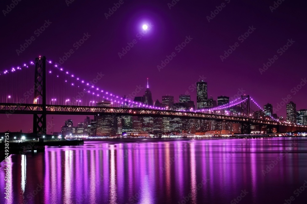 Obraz premium A Nighttime View of a City Skyline with a Bridge and a Full Moon