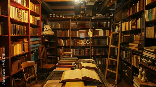 Pawn shop set in an old library with shelves filled with rare books manuscripts and literary artifacts The shops intellectual and scholarly ambiance attracts book lovers and historians alike