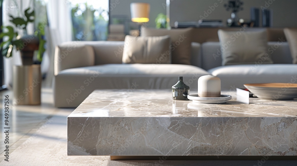 07231249 84. Intricate close-up of a neutral marble coffee table designed for product display, set in a spacious modern living room with an emphasis on clean lines and open space, captured in a 07231249 84. Intricate close-up of a neutral marble coffee table designed for product display, set in a spacious modern living room with an emphasis on clean lines and open space, captured in a