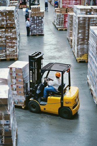A forklift operator moves heavy pallets of materials in a warehouse. The organized stacks of goods and other