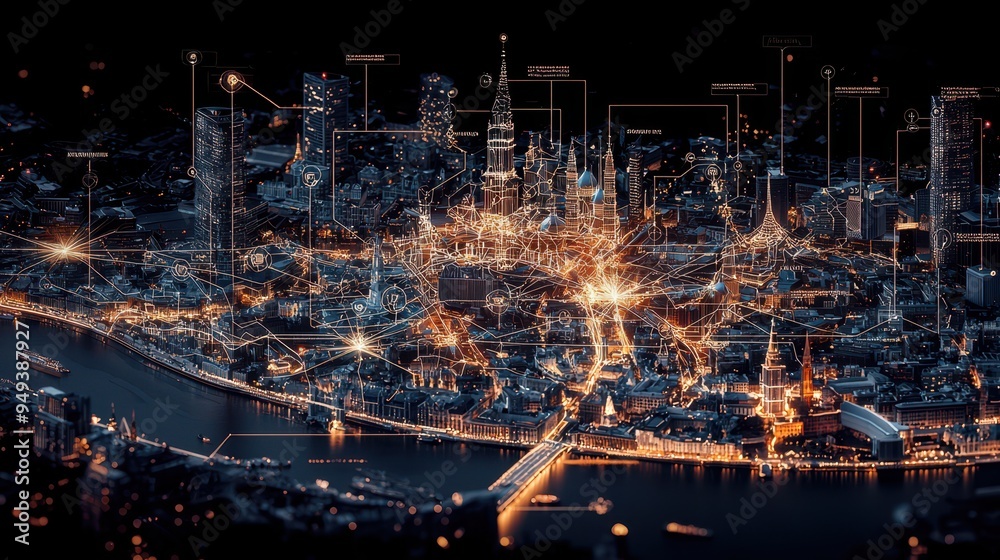Smart City Network  Futuristic Urban Technology  Connected Buildings  Night Cityscape  Digital Overlay