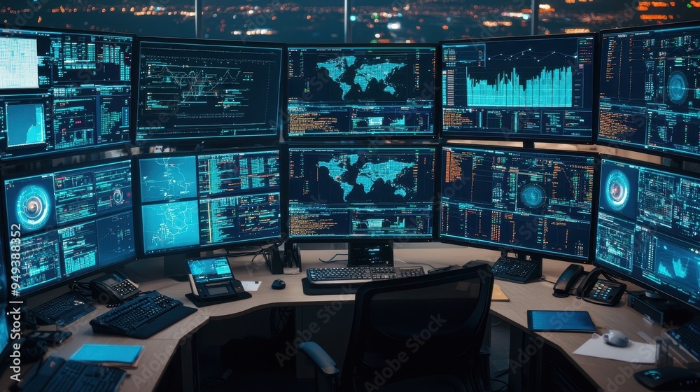 Fototapeta premium Modern Cybersecurity Workstation with Multiple Monitors Displaying Data and Maps