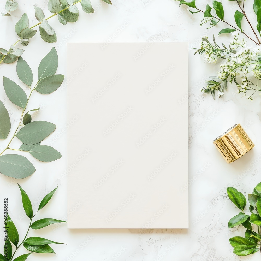 Blank White Card Mockup with Green Leaves and Gold Accessory on Marble Background Blank White Card Mockup with Green Leaves and Gold Accessory on Marble Background