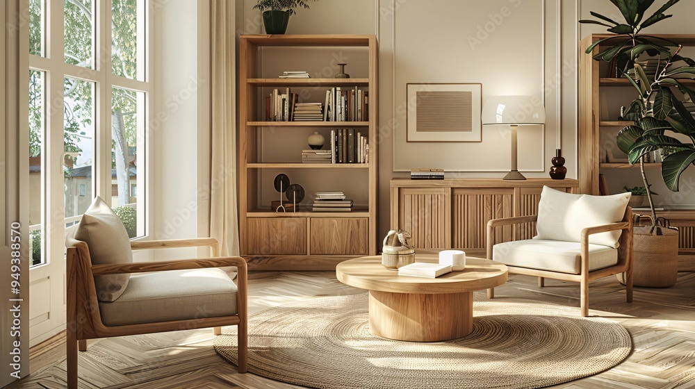 07231249 105. 3D illustration of a minimal Scandinavian living room interior, featuring a wooden round table by the window, a bookshelf, wooden armchairs with cushions, parquet flooring, and tasteful