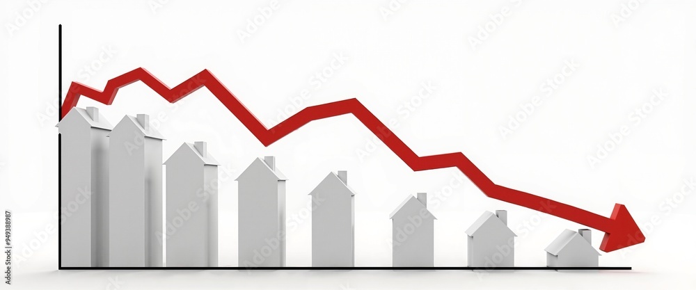 Real Estate Market Decline Graph with House Icons Against White Background with Copy Space Real Estate Market Decline Graph with House Icons Against White Background with Copy Space