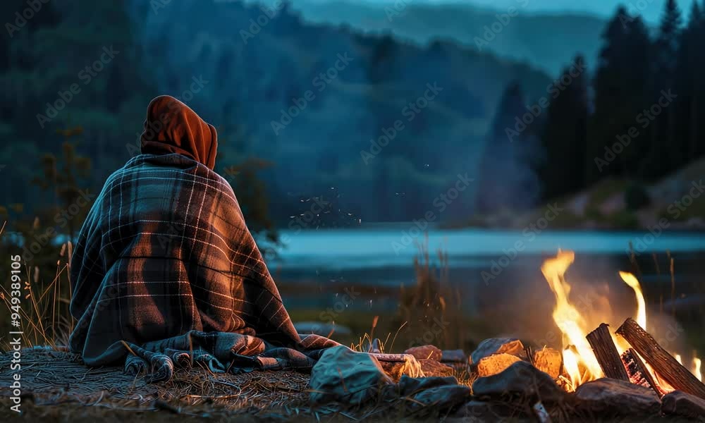 Person wrapped in a blanket sitting by campfire near lake at twilight, with sparks flying up