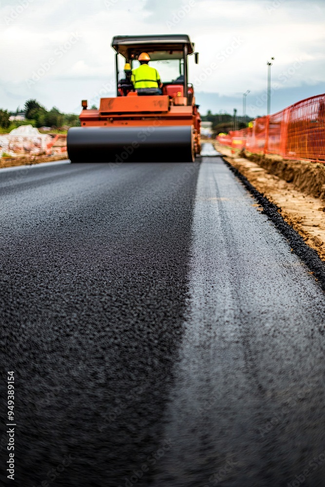 A road roller operator smooths out a newly laid layer of asphalt on a highway. The freshly paved road contrasts A road roller operator smooths out a newly laid layer of asphalt on a highway. The freshly paved road contrasts