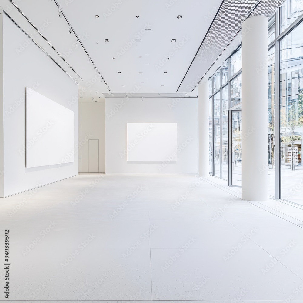 Modern Gallery Interior with Blank Canvas Mockup and Large Windows Modern Gallery Interior with Blank Canvas Mockup and Large Windows