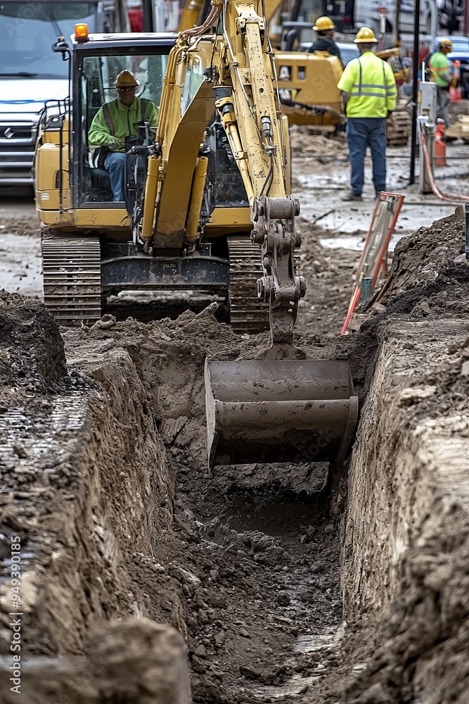 Fototapeta premium An operator in a backhoe loader digs a trench for utility installation. The construction site is bustling