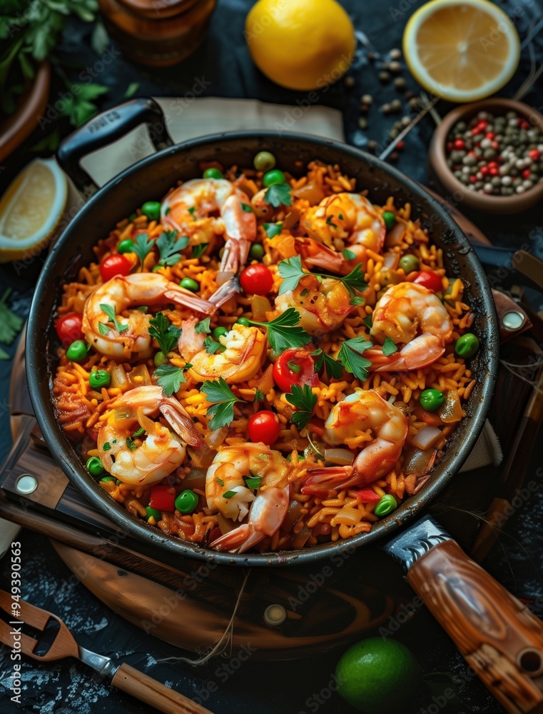 Close Up of Traditional Mediterranean Paella in a Rustic Setting Close Up of Traditional Mediterranean Paella in a Rustic Setting