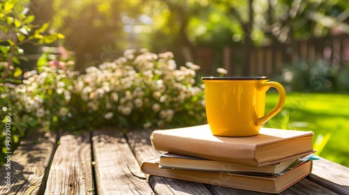 07231249 142. High-detail image of a yellow cup on a wooden table outside, with books piled beside it, capturing the warmth and tranquility of the outdoor setting with soft natural light