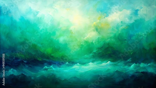 Abstract expressionist painting with bold strokes and a gradient from emerald green to ocean blue , Art