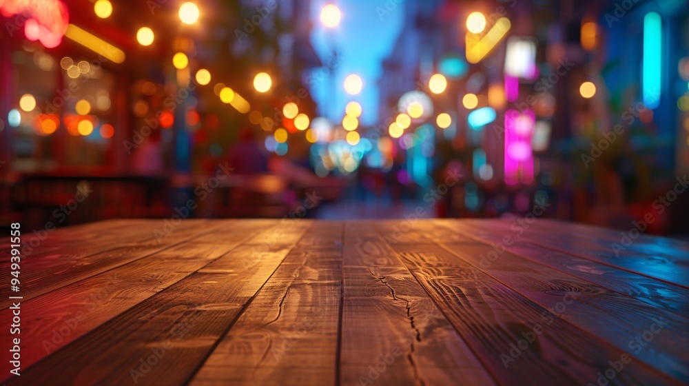 07231249 172. Clear view of a sleek wooden table surface with the indistinct, colorful lights and movement of a busy restaurant behind 07231249 172. Clear view of a sleek wooden table surface with the indistinct, colorful lights and movement of a busy restaurant behind