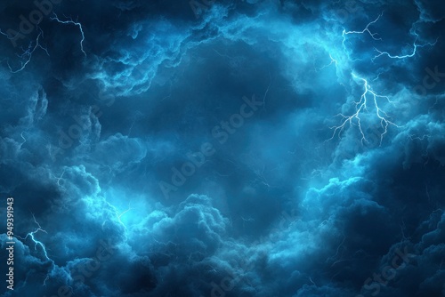 Vector frame design made of stormy blue sky with smoke and fog effects, accentuated by the radiance of branched lightning to create spectacular background images with generative ai