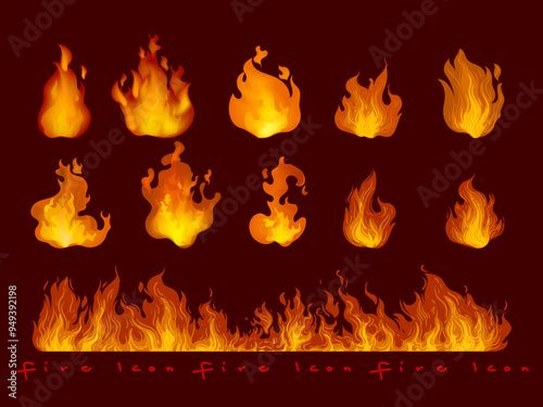 Fire borders,fire flames, blaze icon, symbol, sign on dark background vector illustration. Hot light effect elements design.