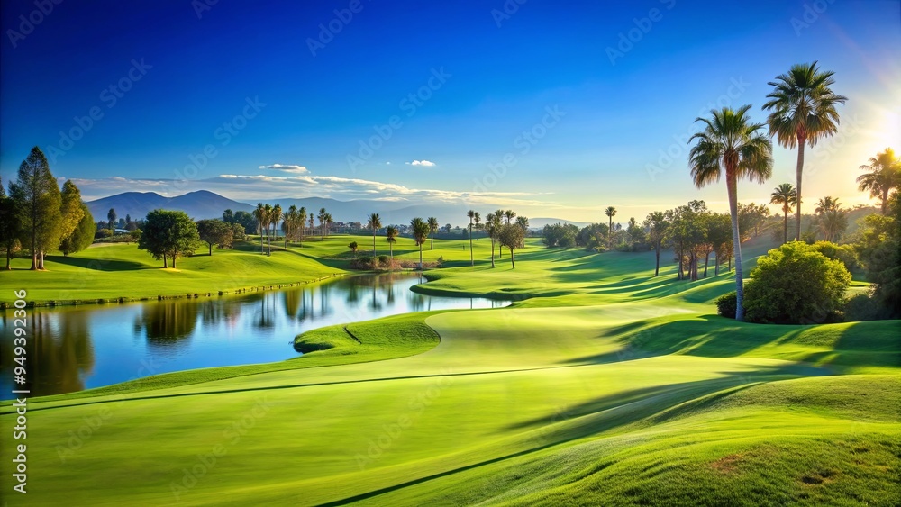 Obraz premium A serene golf background with lush green fairways and a clear blue sky , golf course, scenic, landscape, outdoors