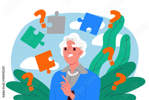 Woman with memory problems. Grandmother with question signs. Dementia and alzheimer. Elderly person with cognitive brain problems. Flat vector illustration isolated on white background