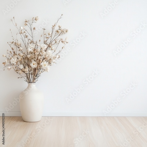 White Vase with Dried Flowers on Light Wood Floor and White Wall