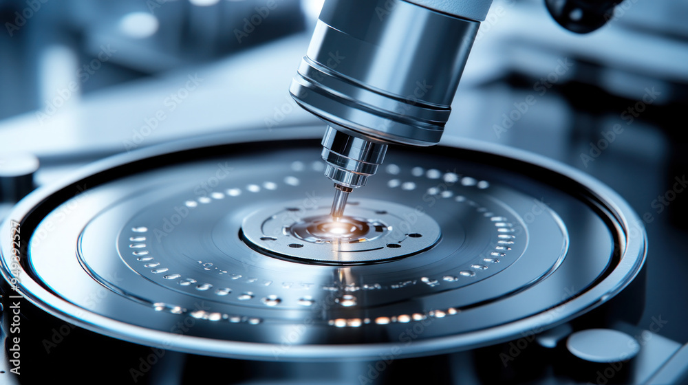 A microscope is focused on a small object. The object is glowing and he is a piece of machinery A microscope is focused on a small object. The object is glowing and he is a piece of machinery