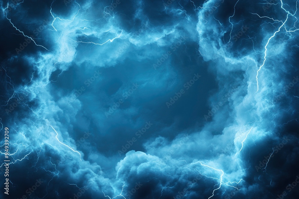 Vector frame design made of stormy blue sky with smoke and fog effects, accentuated by the radiance of branched lightning to create spectacular background images with generative ai