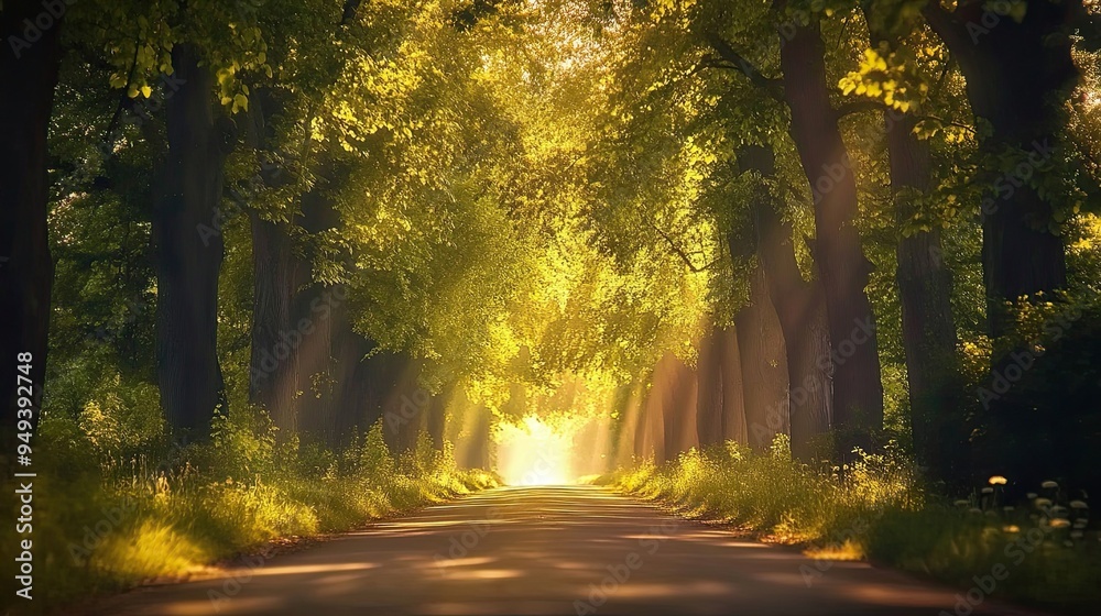 Sunbeams Through Trees on a Winding Road Sunbeams Through Trees on a Winding Road
