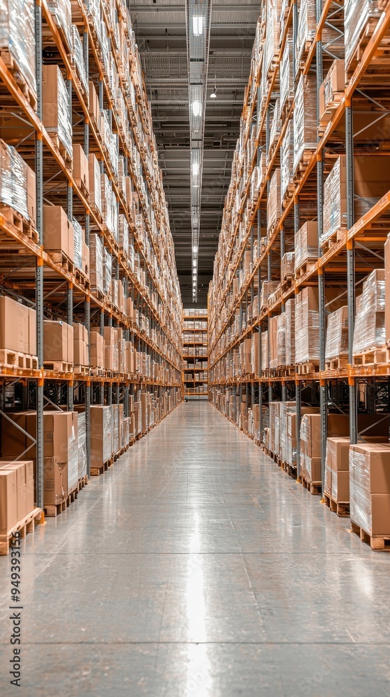 Warehouse Interior with Cardboard Boxes on Shelves Warehouse Interior with Cardboard Boxes on Shelves