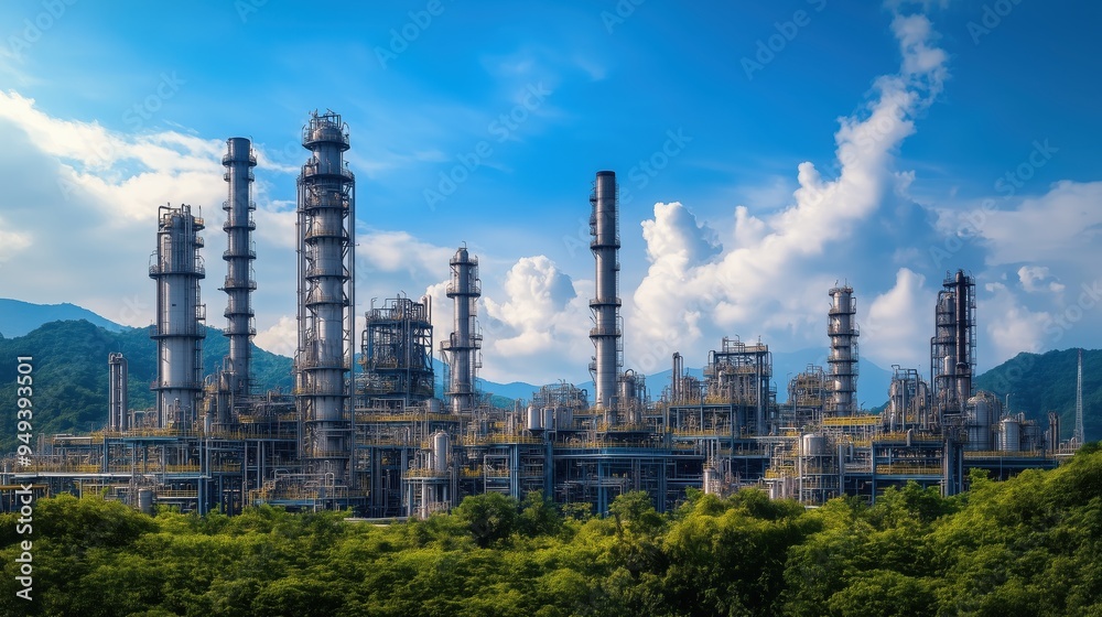 Industrial Facility with Smokestacks at Sunset. Large industrial facility with multiple smokestacks emitting smoke, framed by a colorful sunset sky, symbolizing energy and environmental concerns. Industrial Facility with Smokestacks at Sunset. Large industrial facility with multiple smokestacks emitting smoke, framed by a colorful sunset sky, symbolizing energy and environmental concerns.
