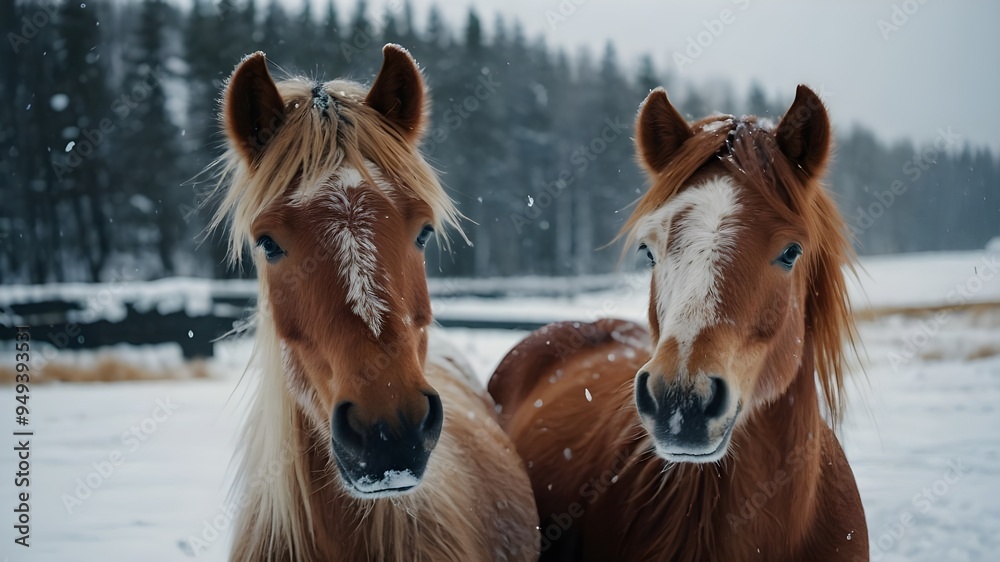 Obraz premium Icelandic Horses in Love, Happy Couple in Winter Snow, Christmas and New Year