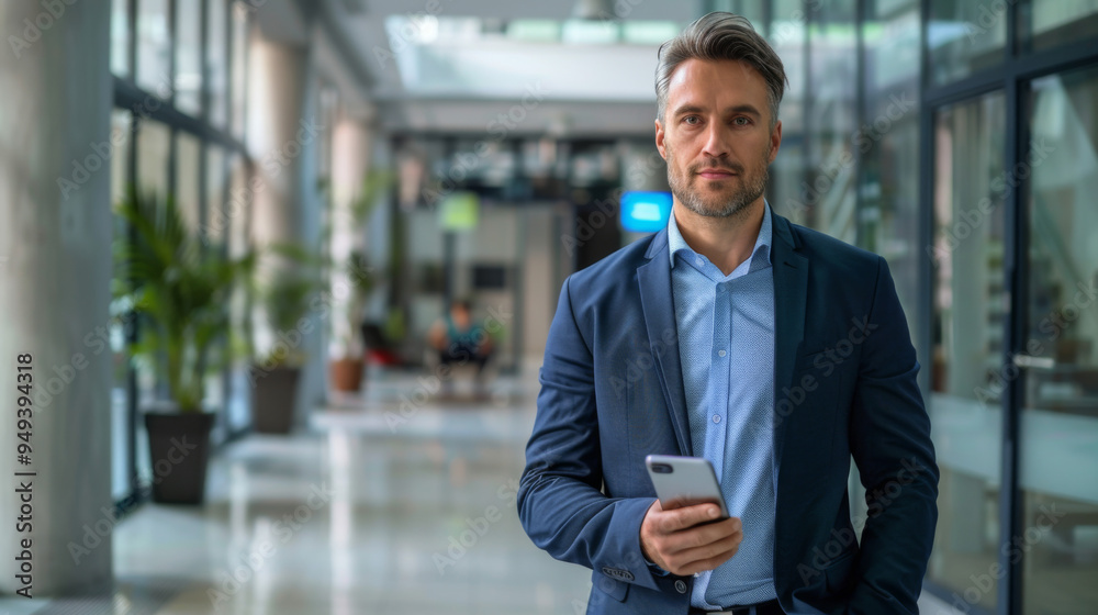 Europen business man in modern office holding a smartphone Europen business man in modern office holding a smartphone