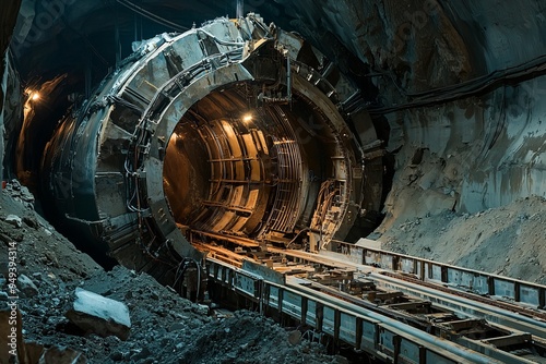 A tunnel boring machine advances through a rocky underground passage, with conveyor belts transporting