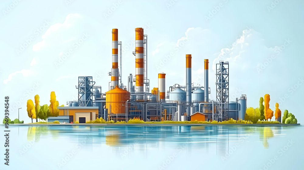 Obraz premium Industrial Plant with Water Reflection and Trees