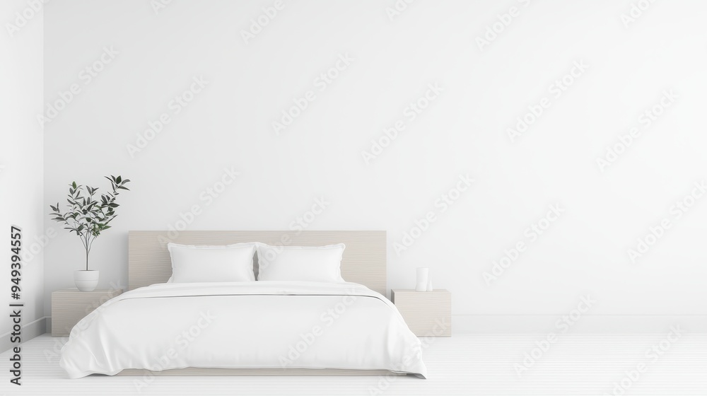 Minimalist Bedroom Interior Design with White Bed and Plant Minimalist Bedroom Interior Design with White Bed and Plant