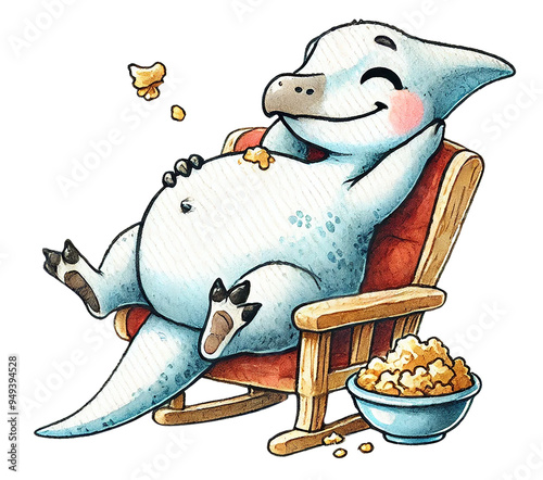 baby Pterodactyl lying back in its chair, patting its full belly with a satisfied grin.
