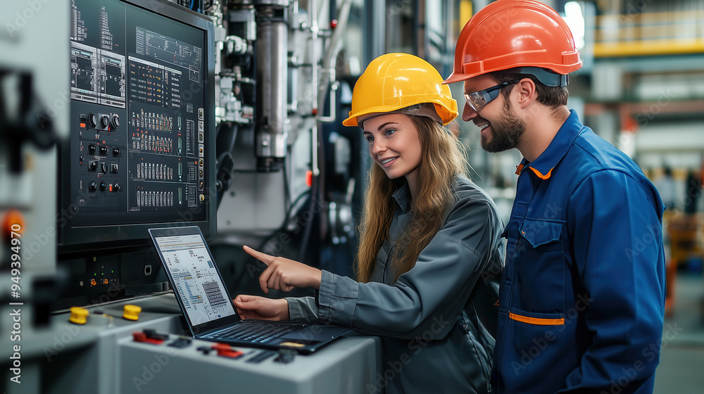 Engineers Discussing System Optimization in Factory. Two engineers in hard hats are discussing system optimization while using a laptop and analyzing factory equipment screens. Engineers Discussing System Optimization in Factory. Two engineers in hard hats are discussing system optimization while using a laptop and analyzing factory equipment screens.