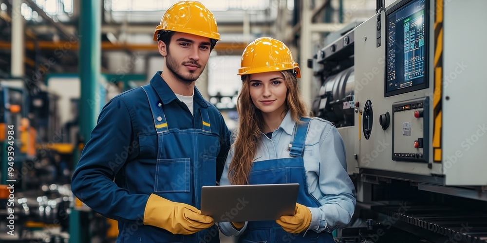 Engineers Inspecting Factory Operations with Laptop. Male and female engineer in work uniforms and safety helmets are inspecting factory operations using a laptop in a production environment. Engineers Inspecting Factory Operations with Laptop. Male and female engineer in work uniforms and safety helmets are inspecting factory operations using a laptop in a production environment.