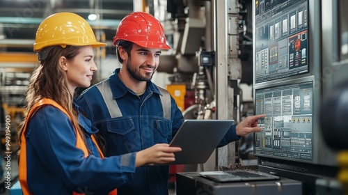 Two Engineers Collaborating on Factory System. Two engineers, wearing safety helmets and work uniforms, use a laptop to collaborate on monitoring and optimizing factory systems.