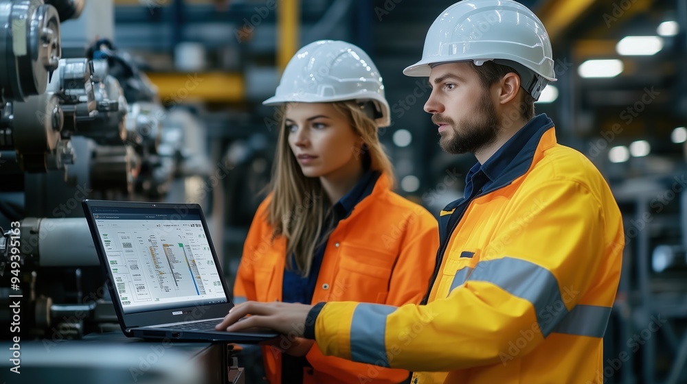 Engineers Using Laptop for Maintenance in Factory. Male and female engineer in hard hats and vests use a laptop to perform maintenance tasks on factory machinery. Engineers Using Laptop for Maintenance in Factory. Male and female engineer in hard hats and vests use a laptop to perform maintenance tasks on factory machinery.