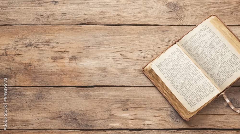 Fototapeta premium Open Book on Rustic Wooden Table